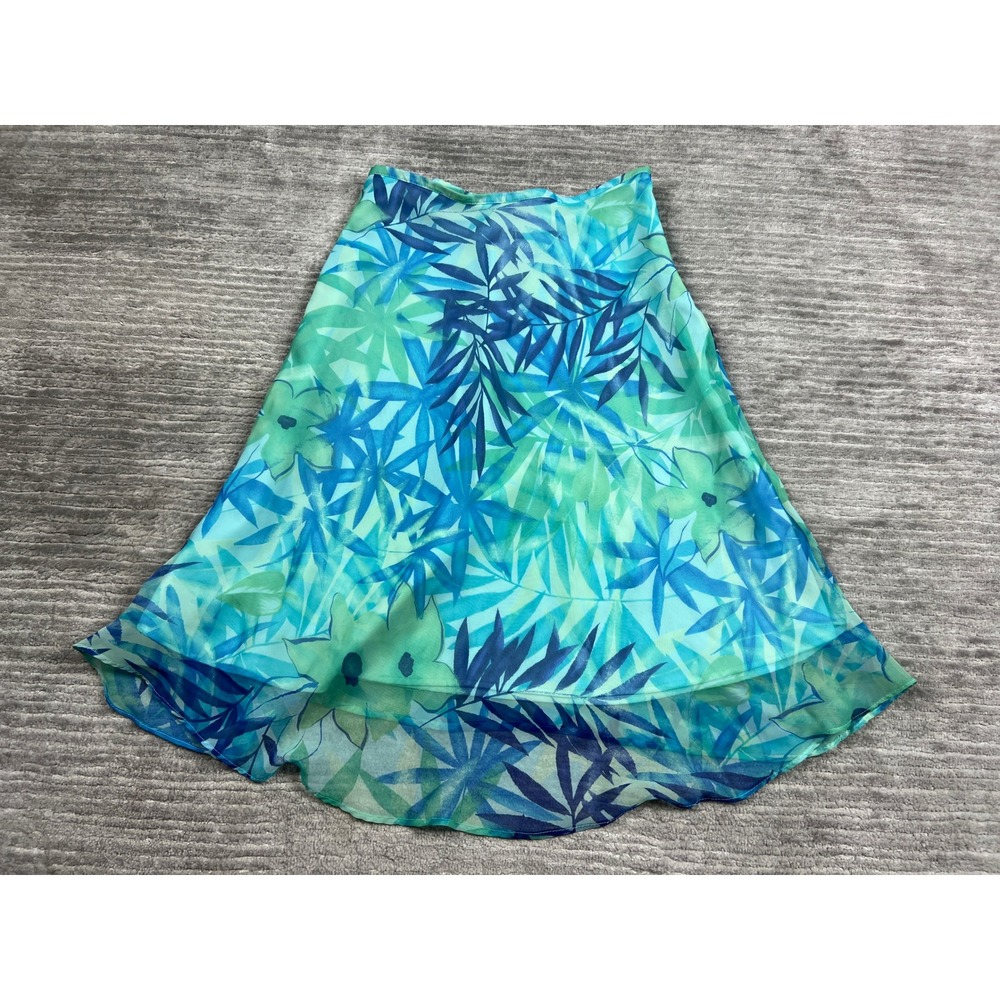 Dress Barn Skirt Womens 10 Blue Green Tropical Floral Palm Leaf Chiffon Midi 779